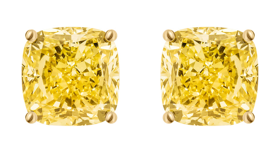 Серьги-пусеты, желтое золото, желтые бриллианты (более 3 карат каждый)