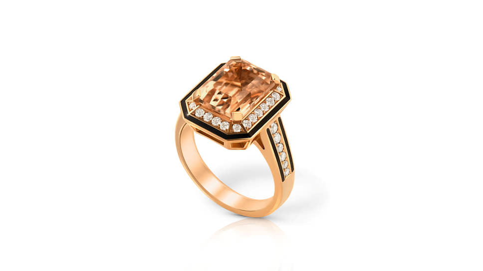 Кольцо, Parure Atelier, розовое золото, морганит, эмаль, бриллианты