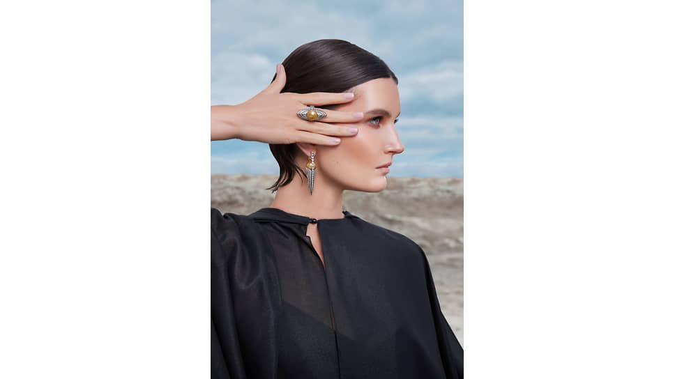 Chamovskikh Jewellery House, серьги и кольцо «Сидней», белое золото, жемчуг Южных морей, бриллианты