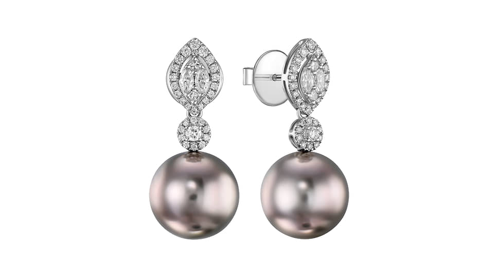 Miuz Diamonds, серьги Royal Pearl, белое золото, таитянский жемчуг, бриллианты