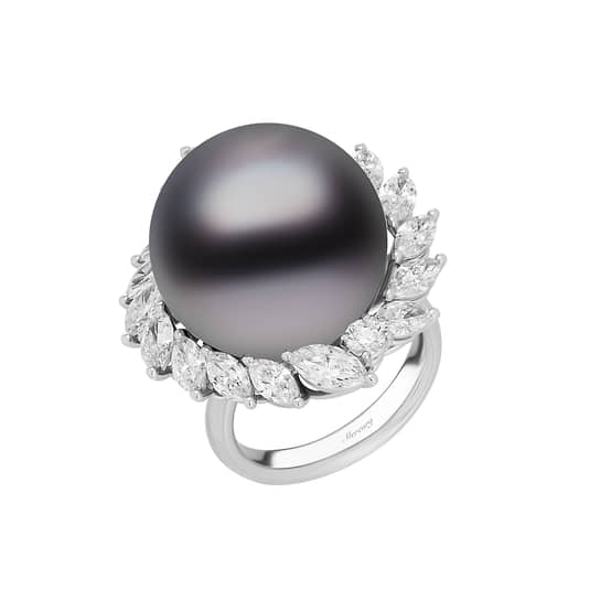 Кольцо из коллекции Pearl, белое золото, бриллианты, черный жемчуг