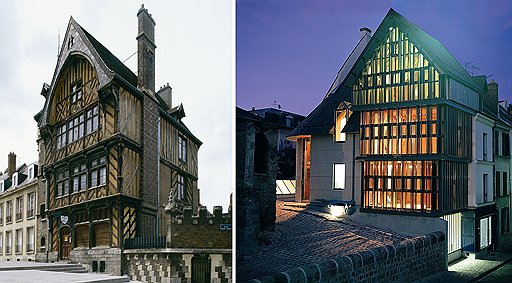 &quot;Фахверк&quot;. Слева: жилой дом. Амьен, Франция, XV век. Справа: жилой дом. Франция. Архитектор Эрик Пасе, 2004 год