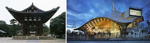 &quot;Пагода&quot;. Слева: колокольня. Тодайдзи, Япония. Архитектор Эйсай, XIII век. Справа: Центр Помпиду-Метц. Метц, Франция. Архитектор Шигеру Бан, 2010 год