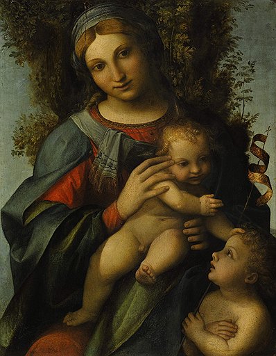 Корреджо. &quot;Мадонна с младенцем и ребенком Иоанном Крестителем&quot;, 1-я треть XVI века. Дерево, масло. Sotheby&#39;s, &amp;pound;2-3 млн