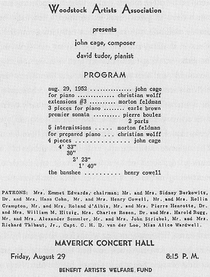Программа первого исполнения «4’33“» в Вудстоке, 1952 год