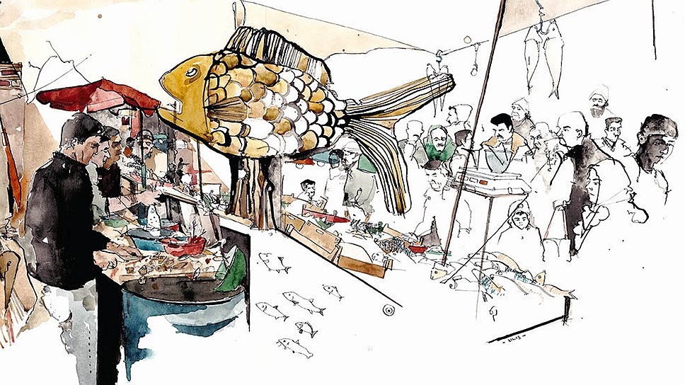 «Рыбный рынок в Килисе», февраль 2013 года
«Рыночные торговцы во всем мире одинаковы: само радушие, болтают без умолку. Только я сел рисовать, а мне уже принесли чай»
