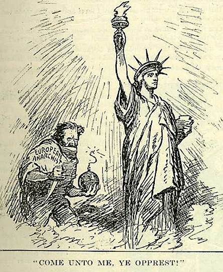 Карикатура с ироническим призывом к европейским анархистам &quot;Придите ко мне, угнетенные&quot;, опубликованная в Memphis Commercial Appeal 5 июля 1919 года 