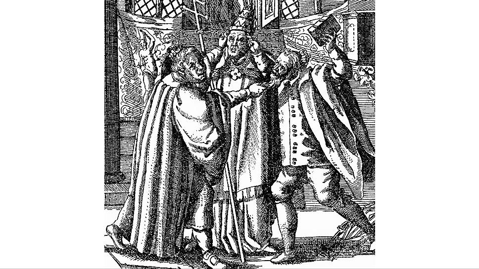 Иллюстрация из памфлета о противостоянии Лютера и Кальвина, XIX век 