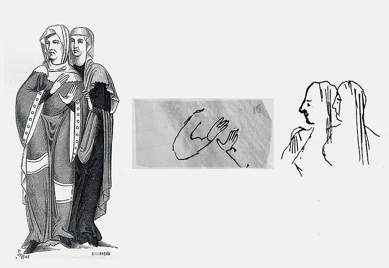 Рисунки Всеволода Мейерхольда (справа) по мотивам репродукции гравюры «Дамы XI века» для «Смерти Тентажиля»