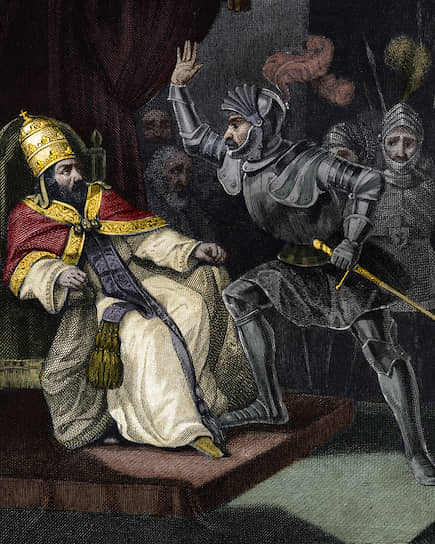 «Скьярра Колонна дает пощечину папе Бонифацию VIII, 1303». Гравюра из «Истории пап» Мориса Лашатра, 1842–1843