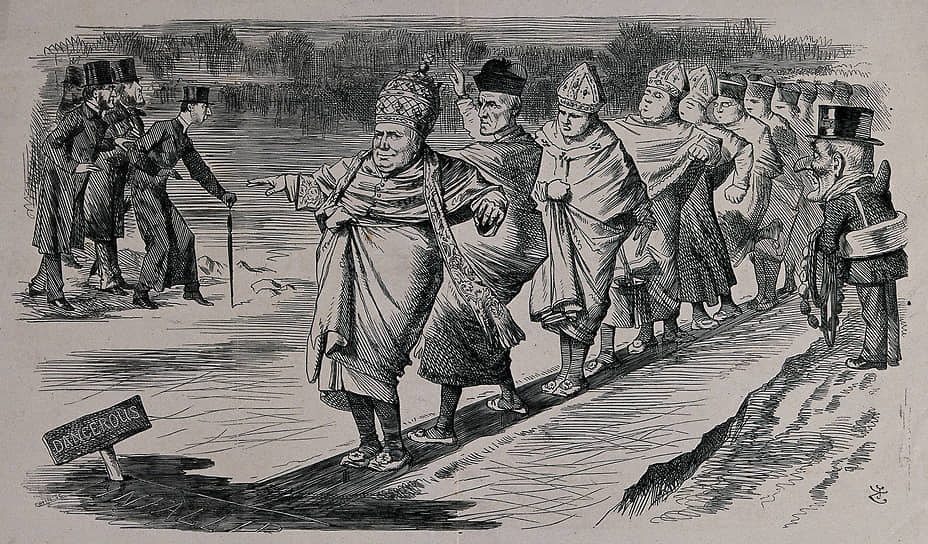 Джозеф Суэйн. «Папа Пий IX ведет своих кардиналов по деревянной доске, поставленной на льду, под наблюдением мистера Панча», 1869
 