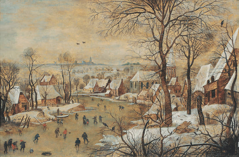 Питер Брейгель Младший и его мастерская. «Зимний пейзаж с конькобежцами и с ловушкой для птиц», 1656 