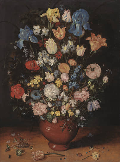 Ян Брейгель Старший. «Букет из ирисов, тюльпанов, роз, нарциссов и рябчиков в глиняной вазе», 1606–1607 