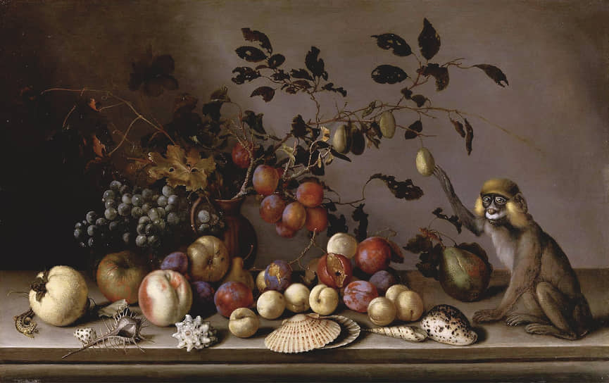 Балтасар ван дер Аст при участии Йоханнеса Баумана. «Натюрморт с фруктами, раковинами и обезьянкой», 1630-е 