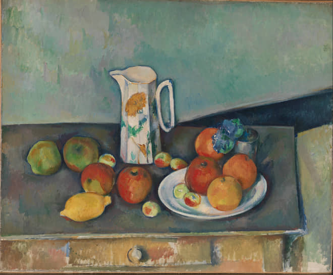 Поль Сезанн. «Натюрморт с молочником и фруктами на столе», 1890