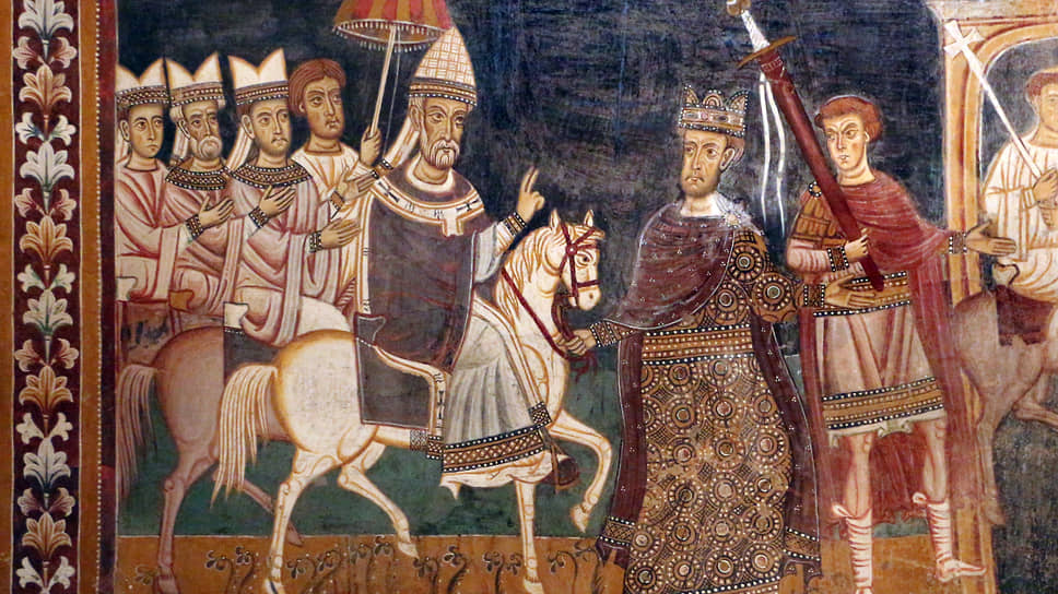 «Константин Великий ведет под уздцы коня, на котором восседает папа Сильвестр I». Фреска в монастыре Санти-Кватро-Коронати в Риме, XIII век
