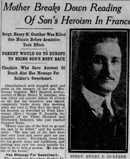 Заметка в The Evening Sun о гибели Генри Гюнтера, 11 февраля 1919
