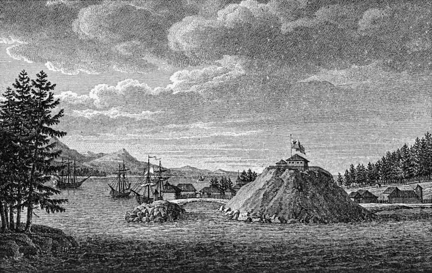 На этой зарисовке гавани Ново-Архангельска, выполненной в 1806 году Георгом Лангсдорфом, «Юнона» угадывается в трехмачтовом корабле слева — три мачты в этом порту тогда было только у этого «купца» из Массачусетса 