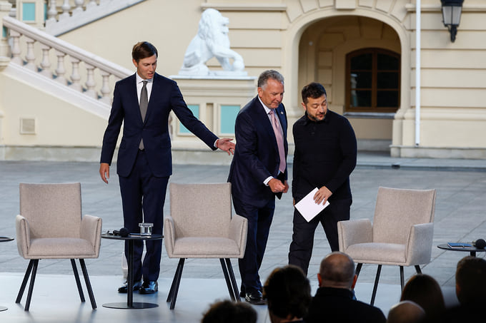 Джаред Кушнер, Стивен Уиткофф и Владимир Зеленский на переговорах в Киеве, 6 сентября