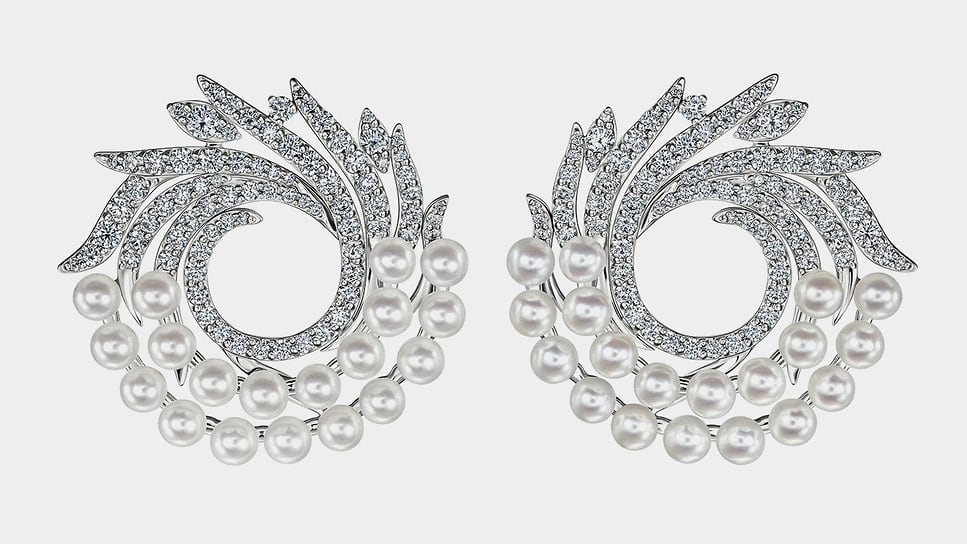 Серьги «Коронация», белое золото, бриллианты, жемчуг, Posie 