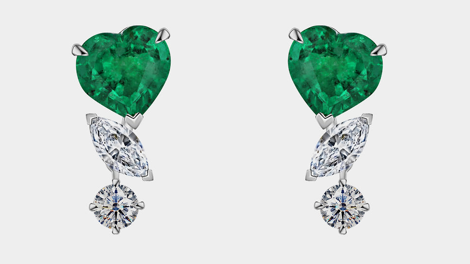 Серьги Balance, белое золото, бриллианты, изумруды, Alrosa Diamonds