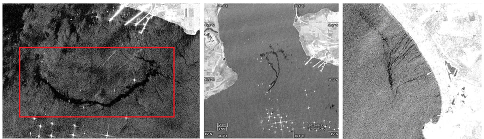 Снимки Sentinel-1, показывающие появление вторичного загрязнения в районах Керченского пролива 24 апреля (а) и 23 августа 2025 г. (б), а также побережья Анапы 14 апреля 2025 г. (с)