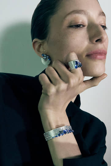 Серьги, кольцо и браслет Blast, Repossi, белое золото, сапфиры, танзаниты, турмалины, бриллианты