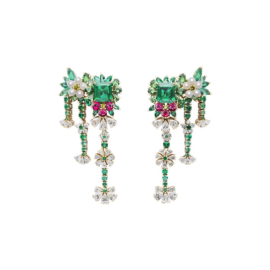 Серьги Franges de Fleurs, Dior Joaillerie, желтое золото, изумруды, цавориты, жемчуг, розовые сапфиры, бриллианты