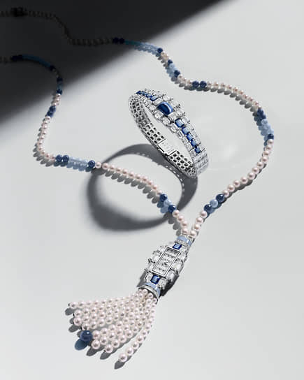 Часы и колье Grand Lady Kalla, Vacheron Constantin, белое золото, сапфиры, жемчуг, бриллианты