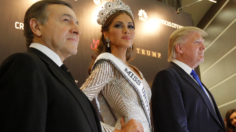 В 2013 году Дональд Трамп привез конкурс «Мисс Вселенная» в Москву. Конкурс прошел на площадке «Крокус Сити Холл». На фото (слева направо): президент Crocus Group Араз Агаларов, победительница конкурса Габриэла Ислер из Венесуэлы, Дональд Трамп 