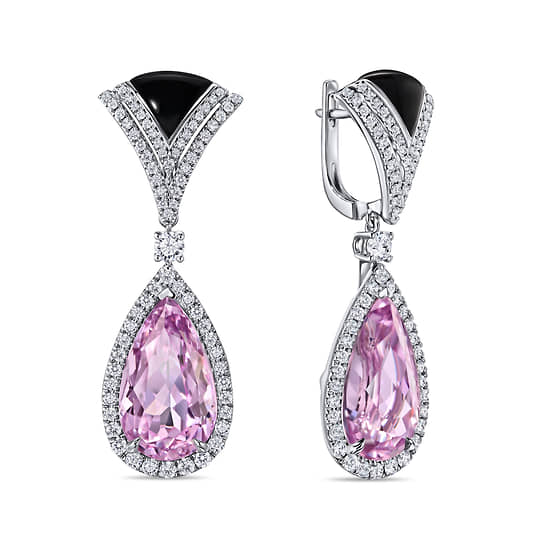 Серьги «Таинственный сад», MIUZ Diamonds, белое золото, кунциты (огранка «груша», 17,62 карата), оникс, натуральные бриллианты