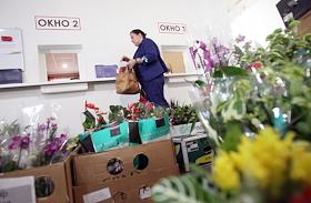Клиенты цветочной базы компании 'Радуга' раскупают партию цветов, привезенных ко Дню Знаний