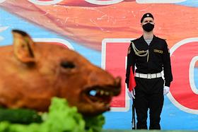 Церемония встречи исследовательского судна Балтийского флота «Адмирал Владимирский», совершившего кругосветную экспедицию. Встреча состоялась в Ленинградской военно-морской базе в Кронштадте