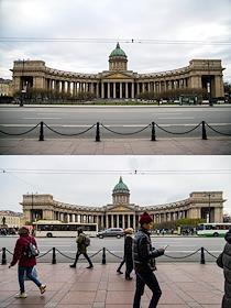 Сравнение фотографий Петербурга 20 апрлея, когда было выявленно 86 заболевших за стуки (вверху) и 15 ноябрь, когда было выявленно 1944 заболевших за стуки и карантина нет (внизу)