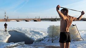 Солнечный морозный день на льду Невы у стен Петропавловской крепости. Жанровая съемка. Купание в проруби