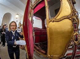 Press show of the restored parade carriage of Empress Catherine II at the Tsarskoye Selo Museum-Reserve.