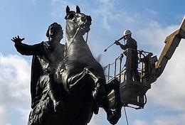 Preventive restoration - washing of the monument to Peter I on the Senate Square by the day of the city.