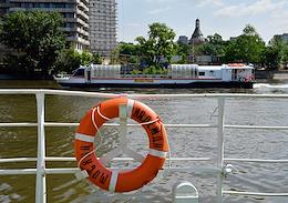 Press tour of the Main Directorate of the Ministry of Emergency Situations of Russia in the city of Moscow on the fire ship 'Nadezhda' in the waters of the Moscow River on the eve of the Day of the fire protection of the city of Moscow.