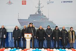 The keel-laying ceremony of the mine defense ship of project 12700 code 'Alexandrite' 'Semyon Agafonov' on the territory of the Pontoon PGT, Sredne-Nevsky shipyard