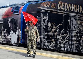 Victory train at the railway station in the city of Volzhsky