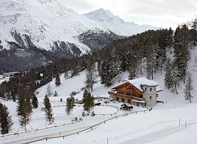 Горнолыжный курорт Санкт-Моритц. Горнолыжный спуск. Станция Corvigliа 2486m. Катания на лыжах
