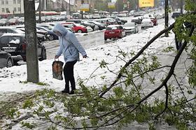 Последствия ночного снегопада на городских улицах