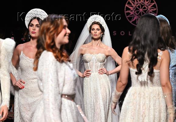 The fourth Moscow Fashion Week at the Manege Central Exhibition Hall. Fashion show of models from the SOLANGEL brand collection. Fashion show of models from the SERGEY SYSOEV fashion school collection