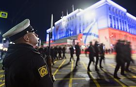 Ночная репетиция военного парада, посвященного 80-й годовщине Победы в Великой Отечественной войне, на площади Победы