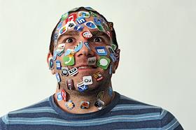 Обложка для журнала 'Деньги'. Лицо человека в наклейках